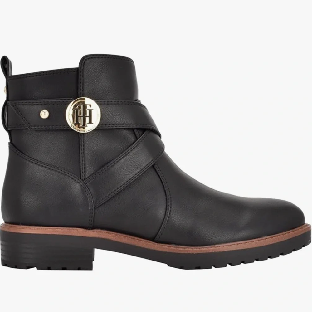 TOMMY HILFIGER FEINNIE ANKLE LEATHER BLACK BOOTS 9.5
